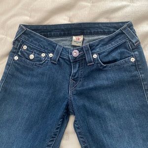 True religion jeans. Pink crystal buttons size 27 inseam 28”